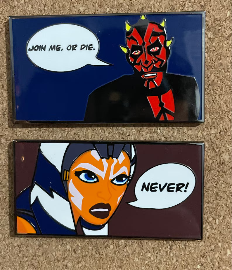 The Phantom Apprentice two pin set styled like comic panels with speech bubbles