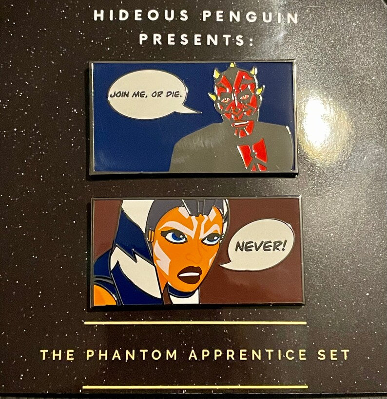 The Phantom Apprentice enamel pin set with Maul and Ahsoka comic panel pins on a starry backing card