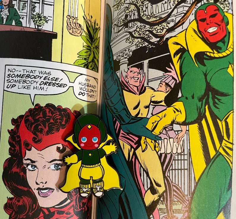 Visionary Suburban Husband enamel pin displayed on a vintage comic book page