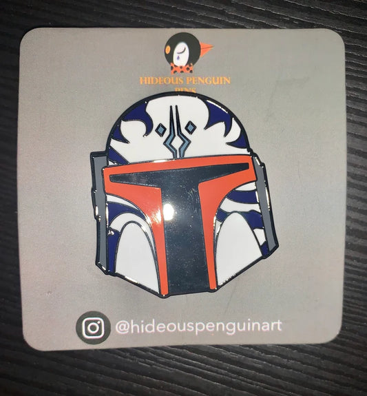 We’d Love to See It hard enamel pin, Mandalorian helmet with orange T visor and blue and white markings