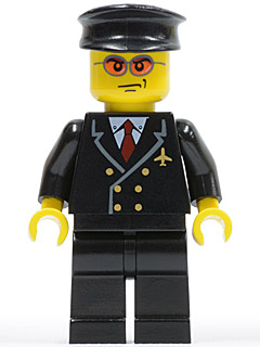 LEGO® Minifigure Airport - Pilot with Red Tie and 6 Buttons, Black Legs, Black Hat, Orange Sunglasses (air042)
