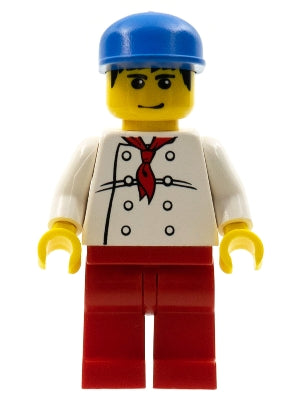 chef013 Minifigure Chef - White Torso with 8 Buttons, Red Legs, Blue Cap