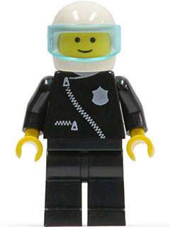 cop004 Minifigure Police - Zipper with Badge, Black Legs, White Helmet, Trans-Light Blue Visor