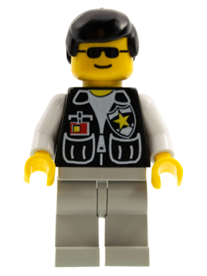 cop037 Minifigure Police - Sheriff Star and 2 Pockets, Light Gray Legs, White Arms, Black Male Hair