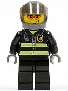 cty0003 Minifigure Fire - Reflective Stripes, Black Legs, Dark Bluish Gray Helmet, Trans-Brown Visor