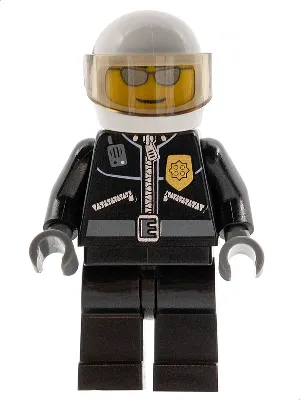 cty0027   Minifigure   Police - City Leather Jacket with Gold Badge, White Helmet, Trans-Brown Visor, Silver Sunglasses