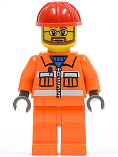 cty0032 Minifigure Construction Worker - Orange Zipper, Safety Stripes, Orange Arms, Orange Legs, Red Construction Helmet, Beard and Glasses