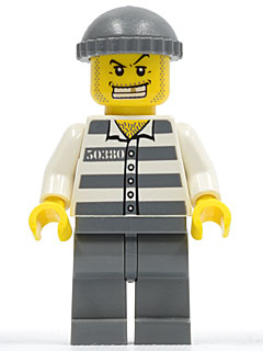 cty0040 Minifigure Police - Jail Prisoner 50380 Prison Stripes, Dark Bluish Gray Legs, Dark Bluish Gray Knit Cap, Gold Tooth