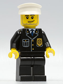 cty0099 Minifigure Police - City Suit with Blue Tie and Badge, Black Legs, White Hat, Smirk and Stubble Beard