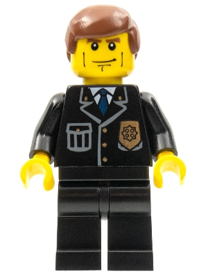 cty0101 Minifigure Police - City Suit with Blue Tie and Badge, Black Legs, Vertical Cheek Lines, Reddish Brown Hair