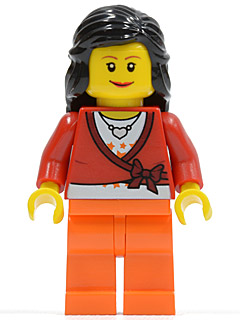 cty0149 Minifigure Sweater Cropped with Bow, Heart Necklace, Orange Legs, Black Female Hair Mid-Length