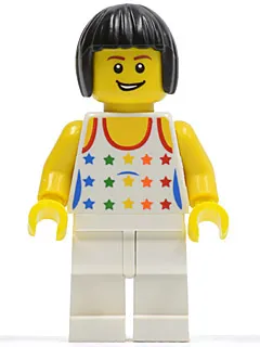 cty0182   Minifigure   Shirt with Female Rainbow Stars Pattern, White Legs, Black Bob Cut Hair