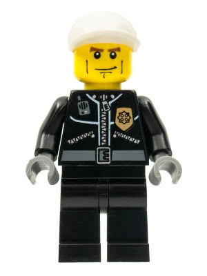 cty0198 Minifigure Police - City Leather Jacket with Gold Badge, White Short Bill Cap, Vertical Cheek Lines