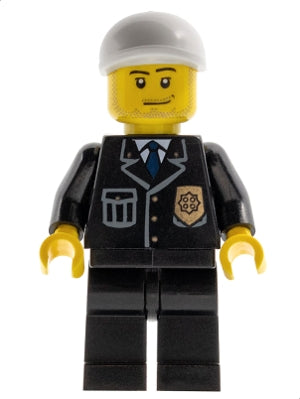 cty0204 Minifigure Police - City Suit with Blue Tie and Badge, Black Legs, White Short Bill Cap, Smirk and Stubble Beard