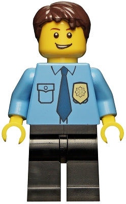 cty0216 Minifigure Police - City Shirt with Dark Blue Tie and Gold Badge, Black Legs, Dark Brown Short Tousled Hair