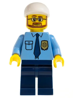 cty0219   Minifigure   Police - City Shirt with Dark Blue Tie and Gold Badge, Dark Blue Legs, White Short Bill Cap