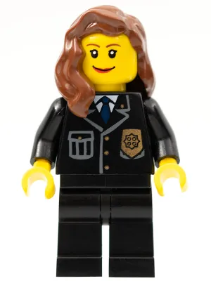 cty0241   Minifigure   Police - City Suit with Blue Tie and Badge, Black Legs, Reddish Brown Female Hair over Shoulder