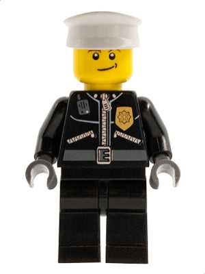 cty0256 Minifigure Police - City Leather Jacket with Gold Badge and 'POLICE' on Back, White Hat, Lopsided Smile