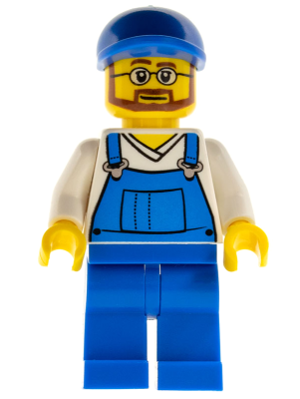 Overalls Blue over V-Neck Shirt, Blue Legs, Blue Short Bill Cap, Beard and Glasses