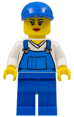 cty0269 Minifigure Overalls Blue over V-Neck Shirt, Blue Legs, Blue Short Bill Cap, Eyelashes and Smile