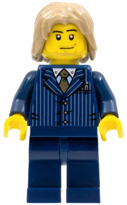 cty0315   Minifigure   Businessman - Pinstripe Jacket and Gold Tie, Dark Blue Legs, Dark Tan Mid-Length Tousled Hair, Smirk and Stubble