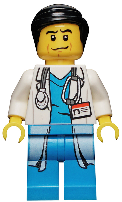 cty0319   Minifigure   Doctor - Long Lab Coat over Dark Azure Shirt, Stethoscope, Black Smooth Hair