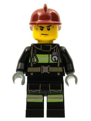 LEGO® Minifigure Fire - Reflective Stripes with Utility Belt, Dark Red Fire Helmet, Sweat Drops (cty0351)