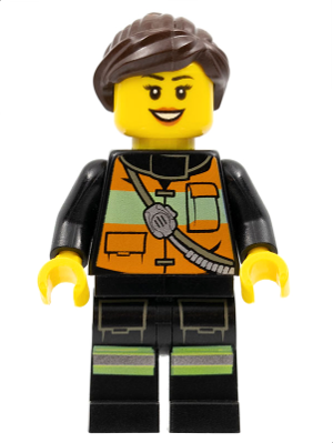 LEGO® Minifigure Fire - Reflective Stripe Vest with Pockets and Shoulder Strap, Dark Brown Ponytail and Swept Sideways Fringe (cty0379)