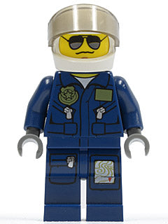 cty0383 Minifigure Forest Police - Helicopter Pilot, Dark Blue Flight Suit with Badge, Helmet, Black and Silver Sunglasses, NO Eyebrows