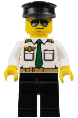 LEGO® Minifigure Airport - Pilot, White Shirt with Dark Green Tie and Belt, Black Legs, Black Hat (cty0403)