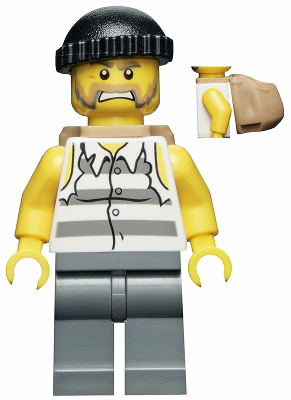LEGO® Minifigure Police - Jail Prisoner Shirt with Prison Stripes and Torn out Sleeves, Dark Bluish Gray Legs, Black Knit Cap, Backpack (cty0448)