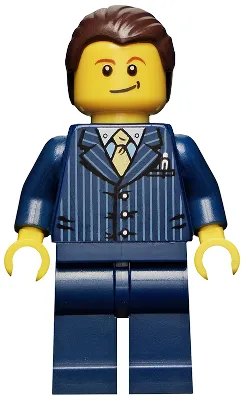 cty0460   Minifigure   Businessman Pinstripe Jacket and Gold Tie, Dark Blue Legs, Dark Brown Hair, Crooked Smile