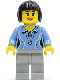 cty0472   Minifigure   Medium Blue Female Shirt with Two Buttons and Shell Pendant, Light Bluish Gray Legs, Black Bob Cut Hair