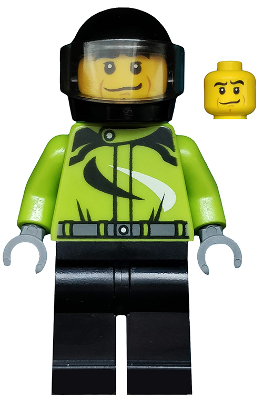 LEGO® Minifigure Monster Truck Driver, Racing Suit with Black and White Swirls, Black Helmet with Trans-Brown Visor, Crooked Smile (cty0475)