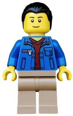 cty0511 Minifigure Blue Jacket over Dark Red V-Neck Sweater, Dark Tan Legs