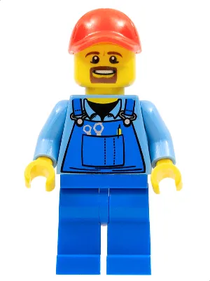 cty0570   Minifigure   Overalls with Tools in Pocket Blue, Red Cap with Hole, Brown Moustache and Goatee