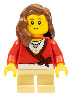 Sweater Cropped with Bow, Heart Necklace, Tan Short Legs, Reddish Brown Female Hair over Shoulder
