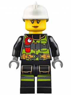 LEGO® Minifigure Fire - Reflective Stripes with Utility Belt and Flashlight, White Fire Helmet, Nougat Lips (cty0627) - USED