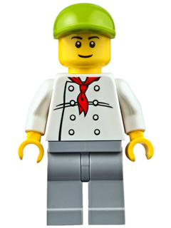 cty0671   Minifigure   Chef - White Torso with 8 Buttons, Light Bluish Gray Legs, Lime Short Bill Cap (Fire Station Hot Dog Vendor)