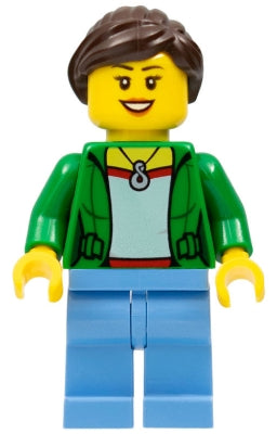 cty0675   Minifigure   Customer - Green Female Jacket Open with Necklace, Medium Blue Legs, Dark Brown Ponytail and Swept Sideways Fringe