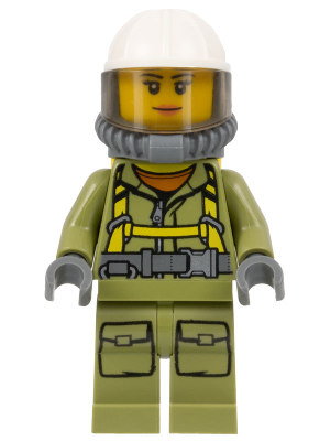 cty0681 Minifigure Volcano Explorer - Female Worker, Suit with Harness, Construction Helmet, Breathing Neck Gear with Air Tanks, Trans-Brown Visor