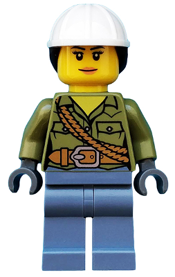 LEGO® Minifigure Volcano Explorer - Female, Shirt with Belt and Shoulder Ropes, White Construction Helmet with Dark Brown Ponytail Hair (cty0687) - Used