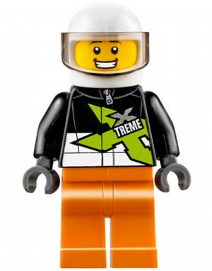 LEGO® Minifigure Xtreme Stunt Truck Driver, Male, Black Racing Jacket, Orange Legs, White Standard Helmet (cty0698) - Used
