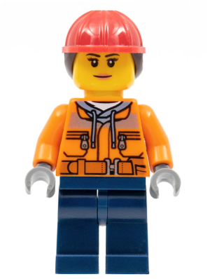 cty0700 Minifigure Construction Worker - Female, Orange Safety Jacket, Reflective Stripe, Sand Blue Hoodie, Dark Blue Legs, Red Construction Helmet with Dark Brown Ponytail Hair, Peach Lips