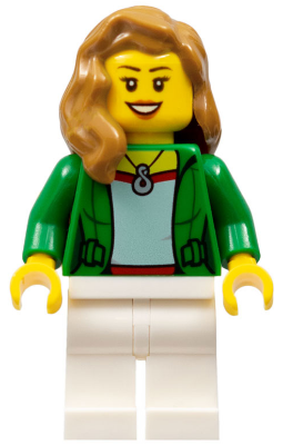 Airplane Passenger - Female, Green Jacket Open with Necklace, White Legs, Medium Nougat Hair over Shoulder, Open Mouth Smile with Teeth