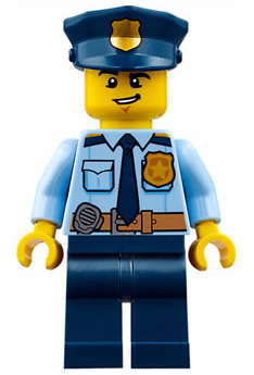 cty0743   Minifigure   Police - City Shirt with Dark Blue Tie and Gold Badge, Dark Tan Belt with Radio, Dark Blue Legs, Police Hat with Gold Badge, Lopsided Grin