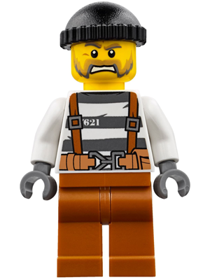 Police - Jail Prisoner Overalls 621 Prison Stripes, Dark Orange Legs, Black Knit Cap, Beard