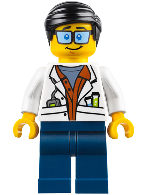 cty0789 Minifigure City Jungle Scientist - White Lab Coat with Test Tubes, Dark Blue Legs, Black Smooth Hair