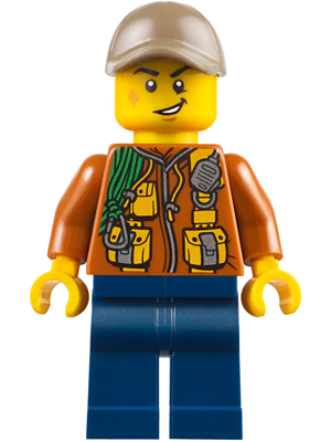 cty0790 Minifigure City Jungle Explorer - Dark Orange Jacket with Pouches, Dark Blue Legs, Dark Tan Cap with Hole, Scuff Mark