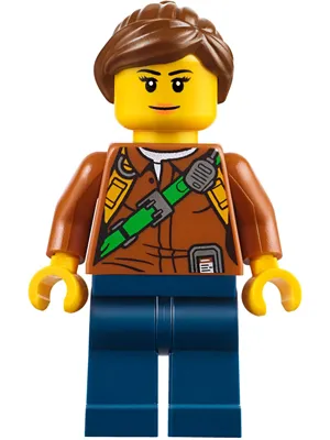 cty0791 Minifigure Jungle Explorer Female - Dark Orange Shirt with Green Strap, Dark Blue Legs, Reddish Brown Ponytail and Swept Sideways Fringe